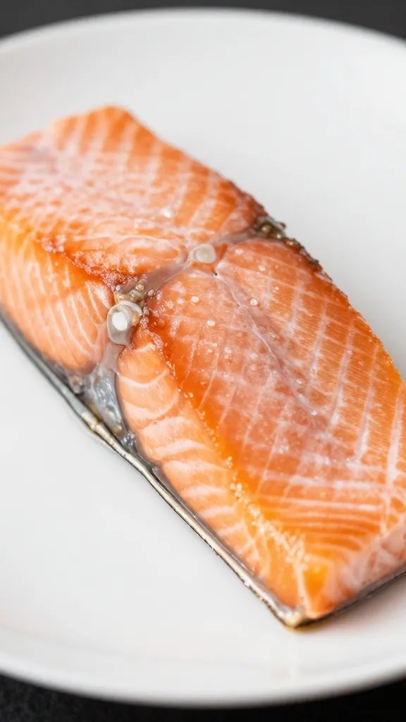 closeup of Hasselback salmon on white plate, shallow depth of field