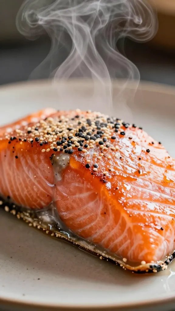 closeup of paprika-dusted Hasselback salmon with steam