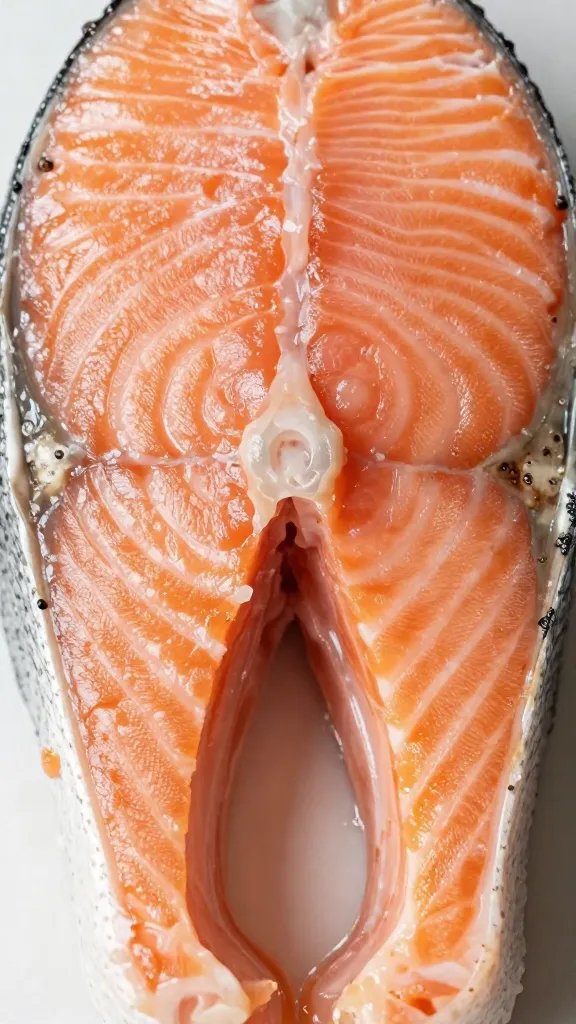 closeup of Hasselback salmon interior juicy center, sliced gaps