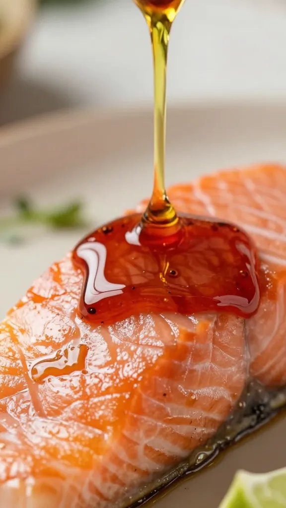 closeup of glossy chili oil drizzle over Hasselback salmon