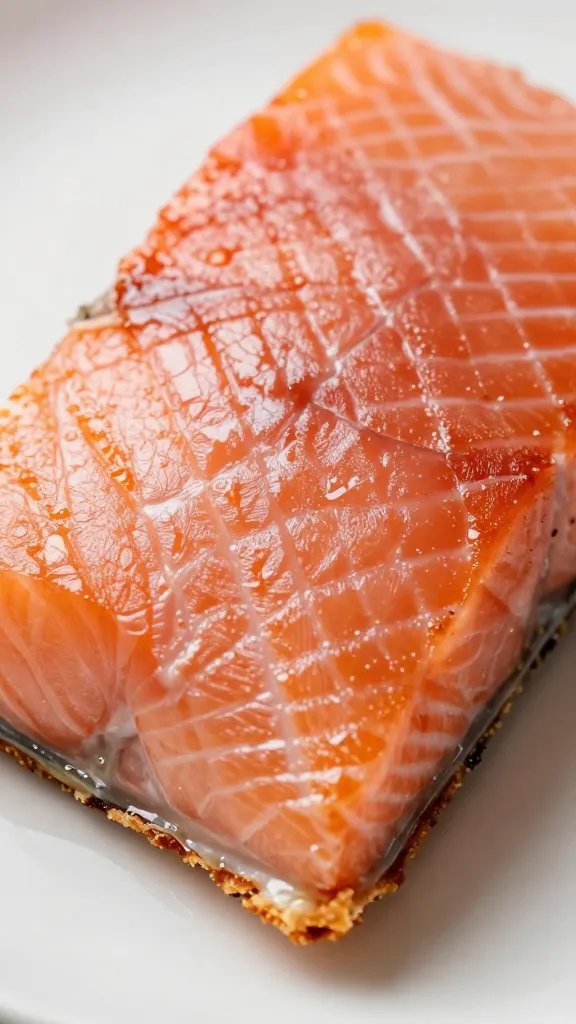 closeup of Hasselback salmon resting on crisp edges
