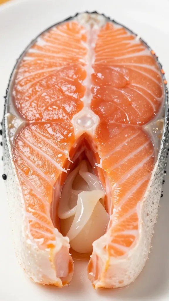 closeup of crab-stuffed salmon cross-section revealing filling