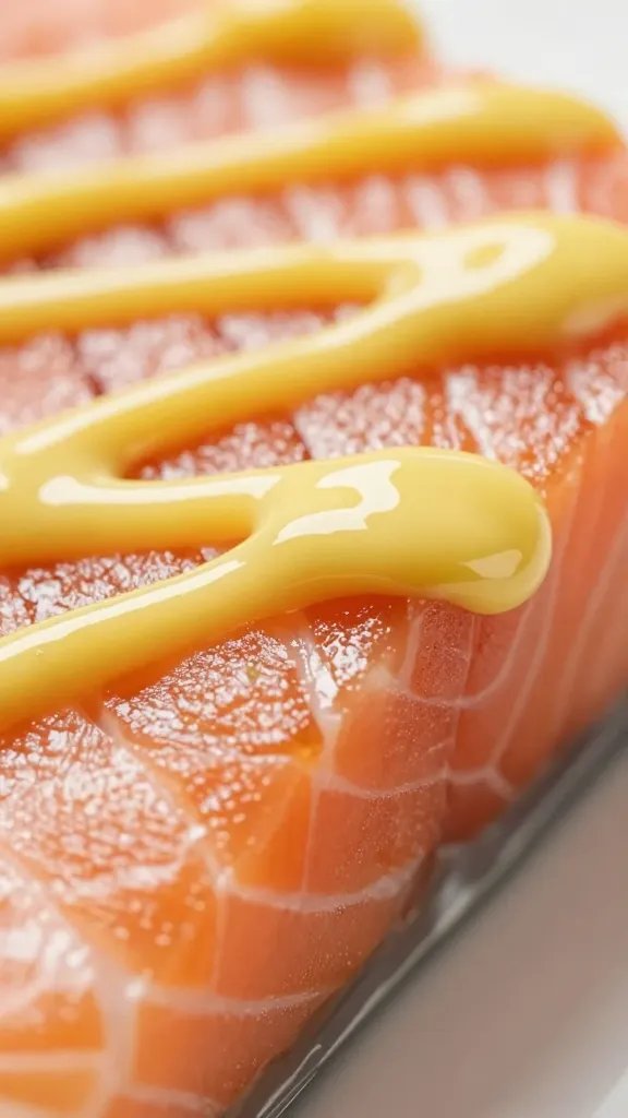 closeup of glossy lemon-mayo drizzle on salmon edge