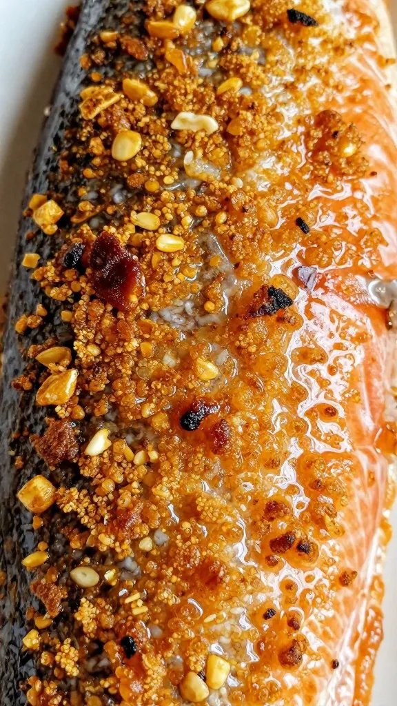 closeup of flaky salmon skin with crisp browned crust