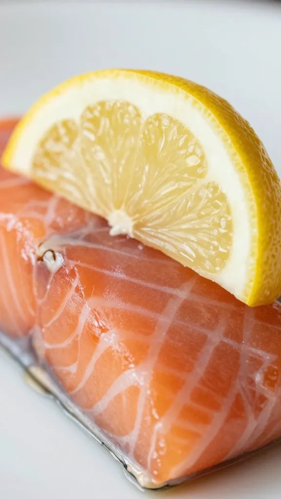 closeup of garnished lemon wedge resting on salmon