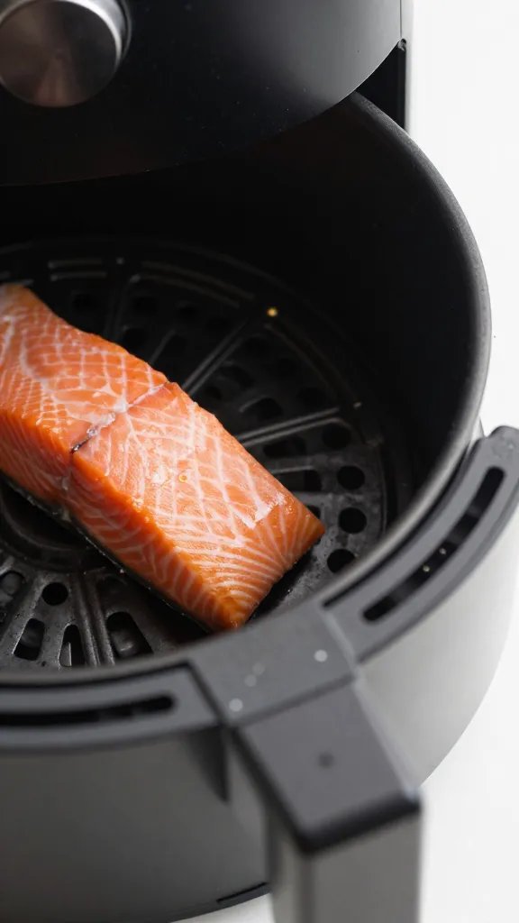 closeup of air fryer basket edge with salmon quarter