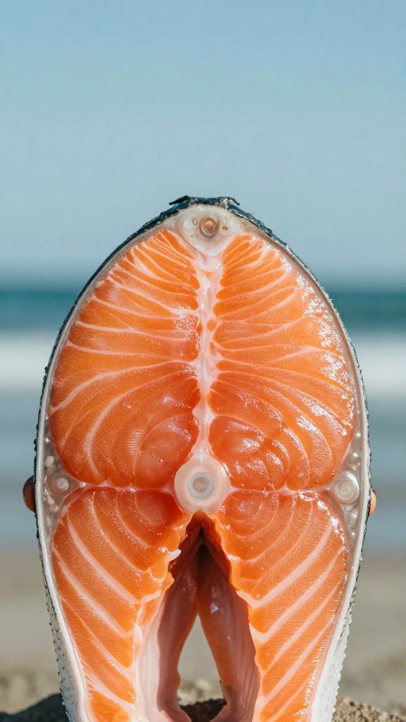 closeup of plated salmon with subtle coastal backdrop texturing