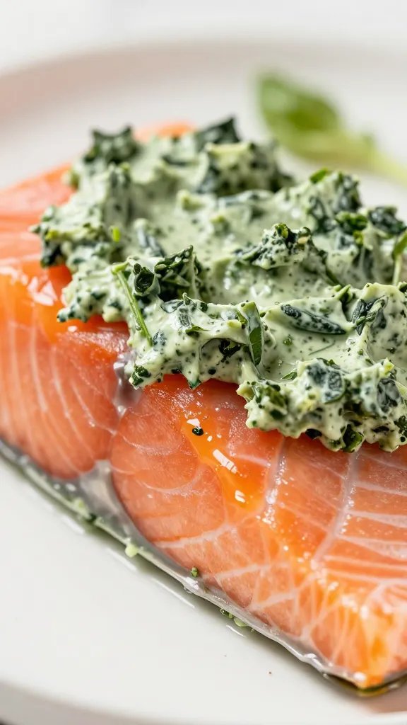 closeup salmon fillet stuffed with spinach cream cheese