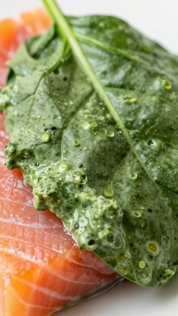 macro shot of creamy spinach filling spilling from salmon