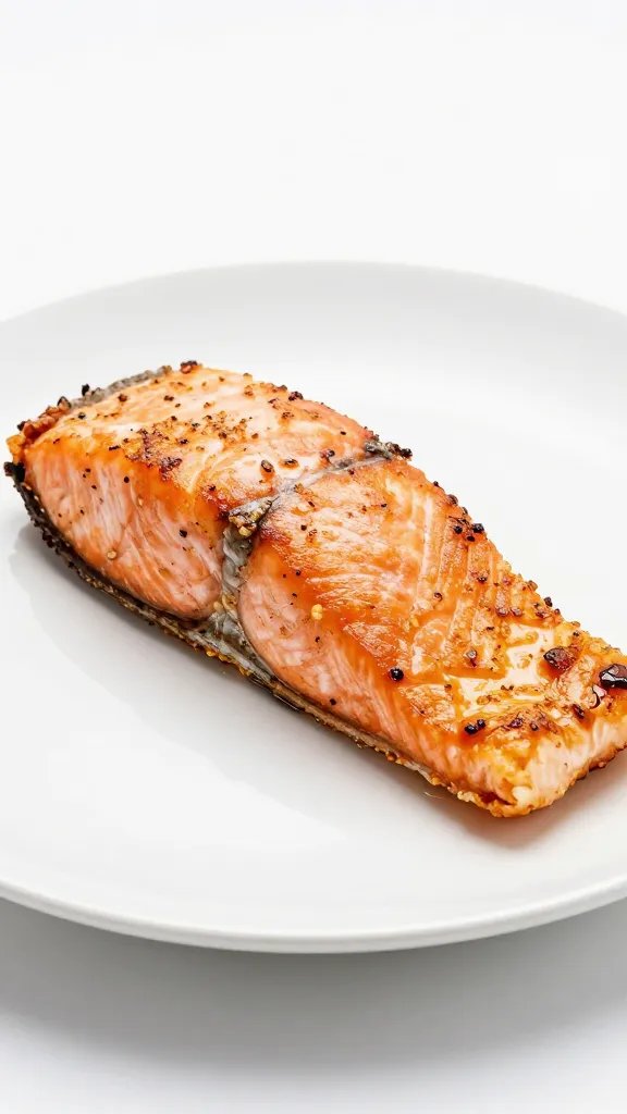 side profile of bronzed air-fried salmon on white plate
