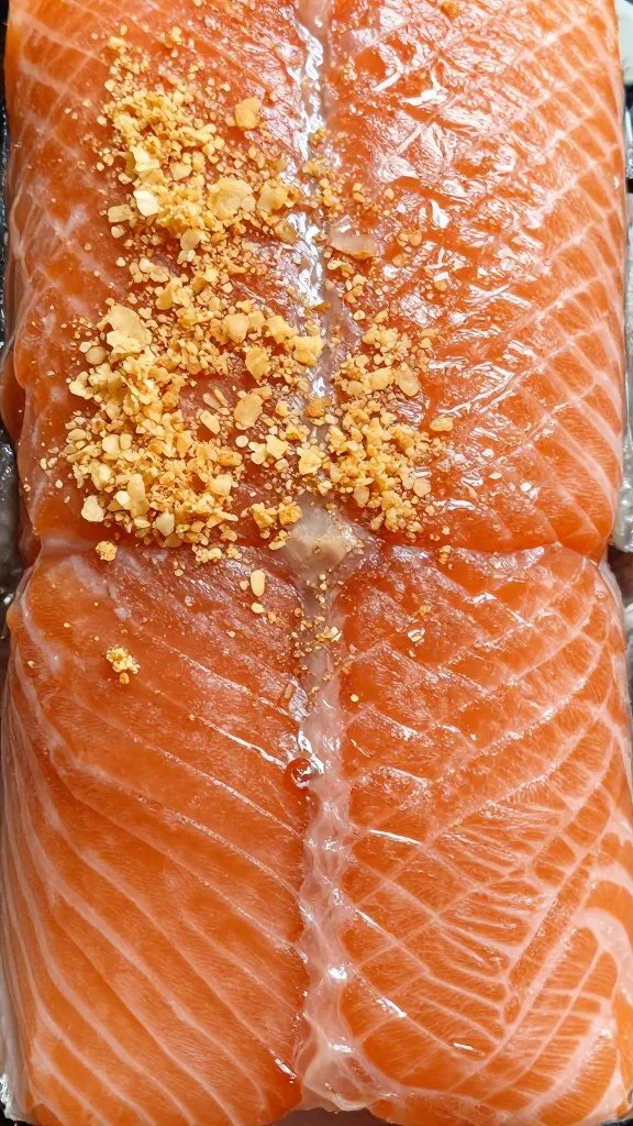 top-down closeup of flaky salmon surface with crisp crust