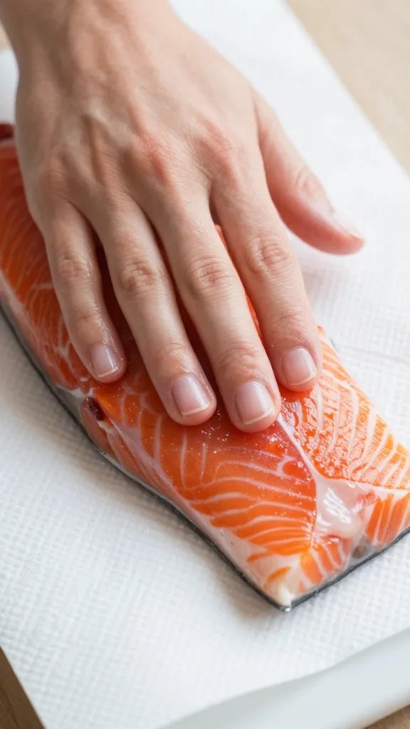 closeup of patting dry salmon with paper towel before stuffing