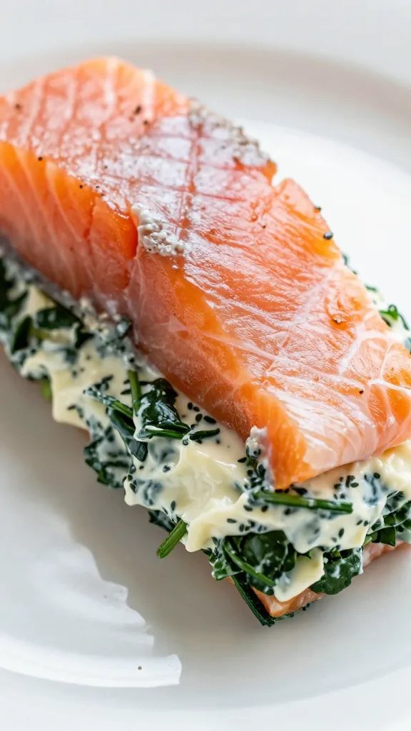 closeup of spinach-cream cheese filling scooped into salmon