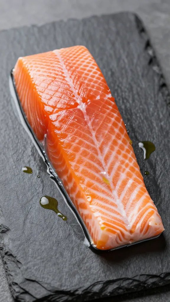 single salmon fillet on slate with subtle olive oil drizzle