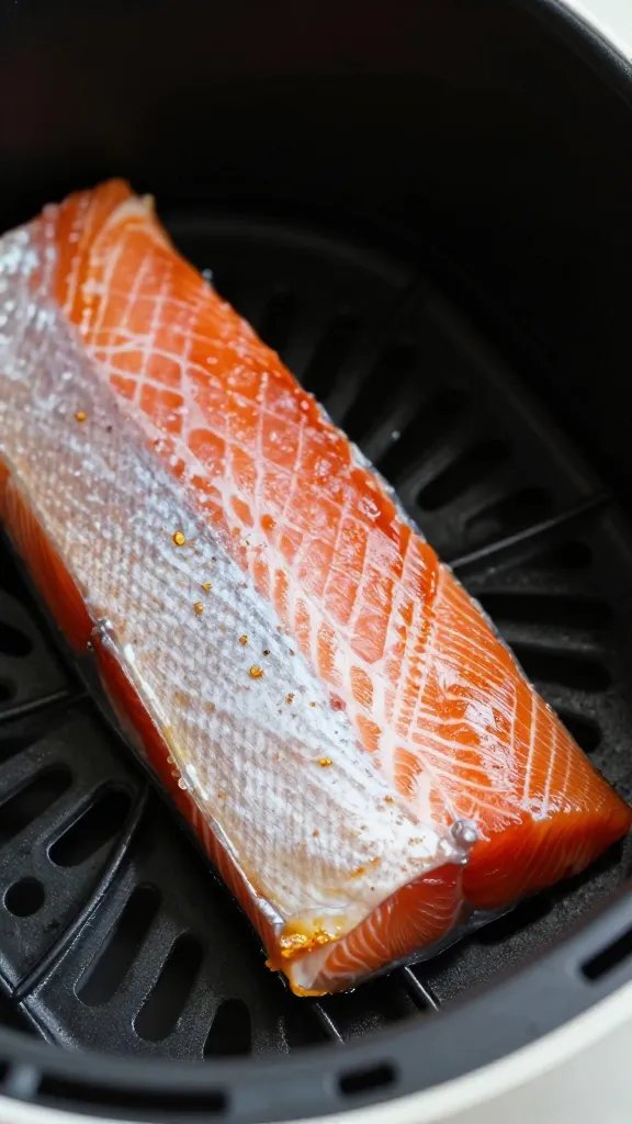 high-contrast closeup of salmon skinless edge crisping in air fryer