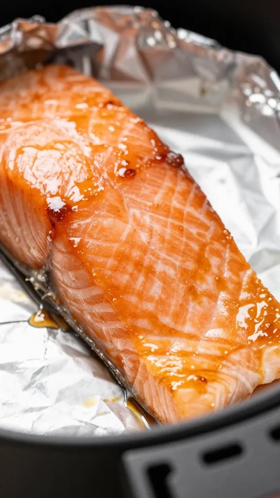 Closeup of glossy air fryer salmon glaze on foil packet edge