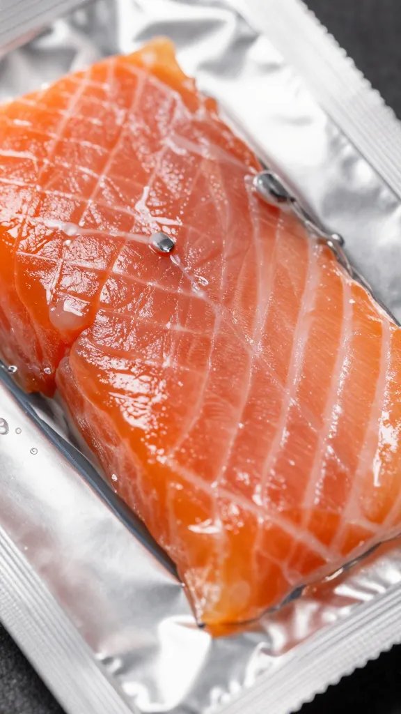 Macro shot of flaky salmon pieces inside shiny foil packet