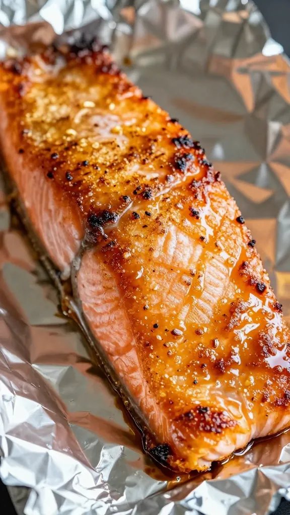 Closeup of crisped salmon edge with caramelized glaze on foil
