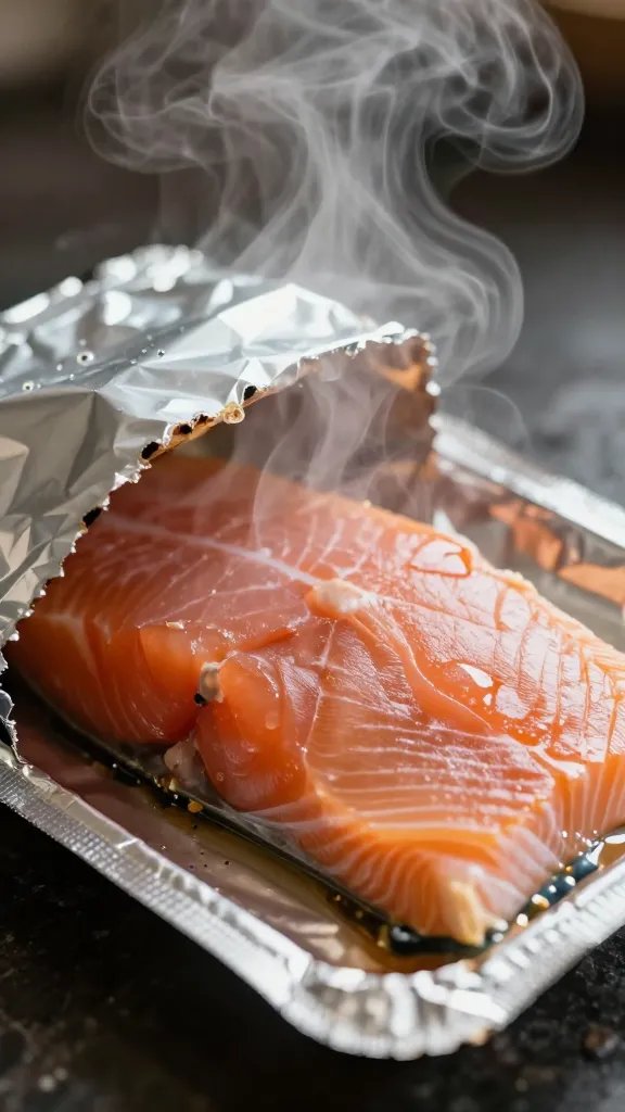 Tight shot of steam escaping from opened salmon foil packet
