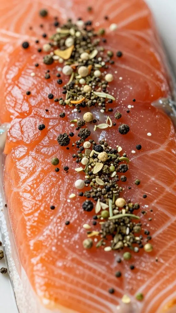 Closeup of herb and citrus seasoning clinging to salmon
