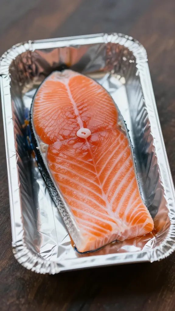 Focused shot of single salmon fillet resting in foil pocket