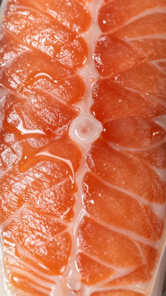 Closeup of glossy glaze drips on salmon surface