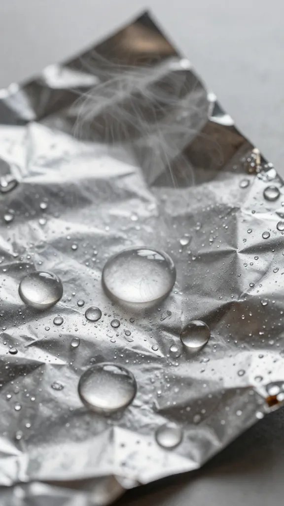 Macro shot of steam-condensed droplets on foil liner
