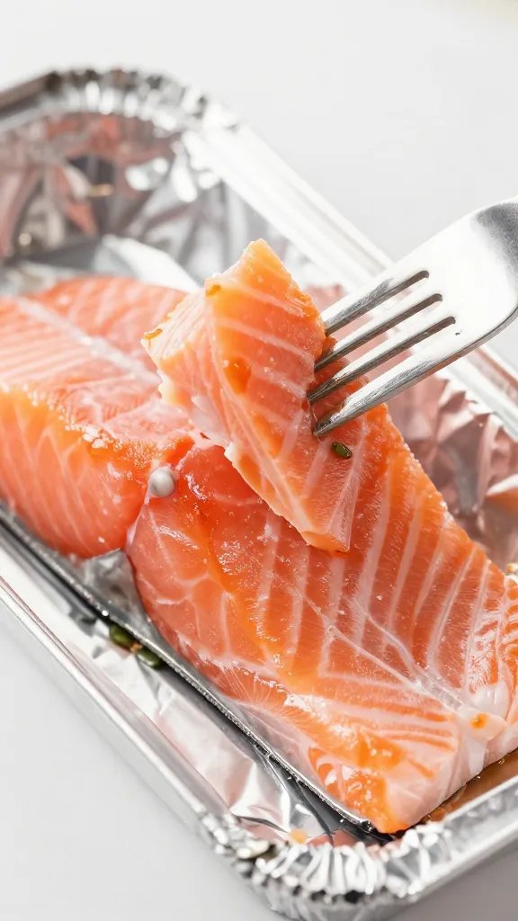 Closeup of fork breaking into tender salmon in foil