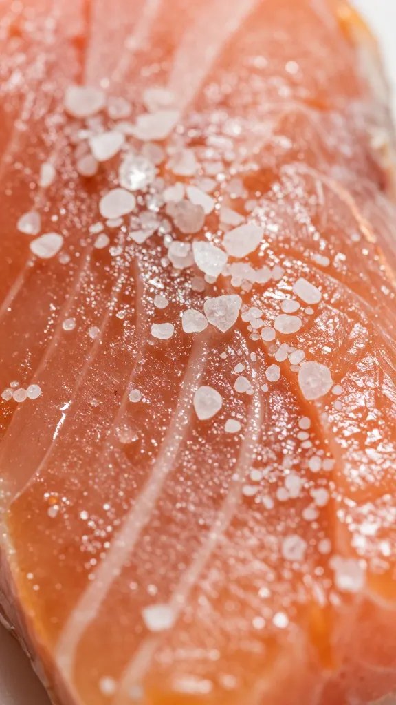 Ultra-closeup of salt crystals sparkling on salmon glaze