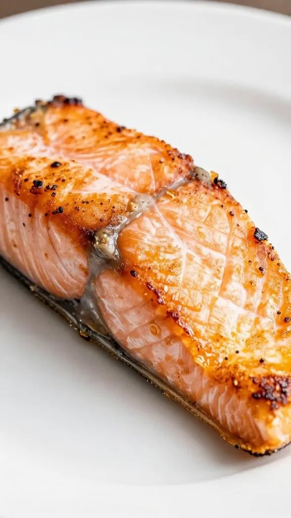 Closeup of crispy skin salmon fillet on white plate