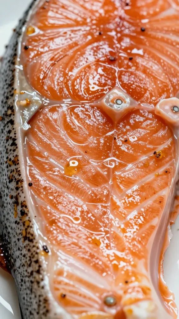 Closeup of blistered salmon skin glistening under light