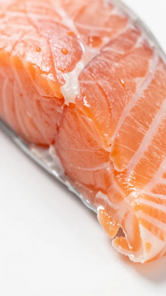 Macro shot of flaky salmon flesh after bite