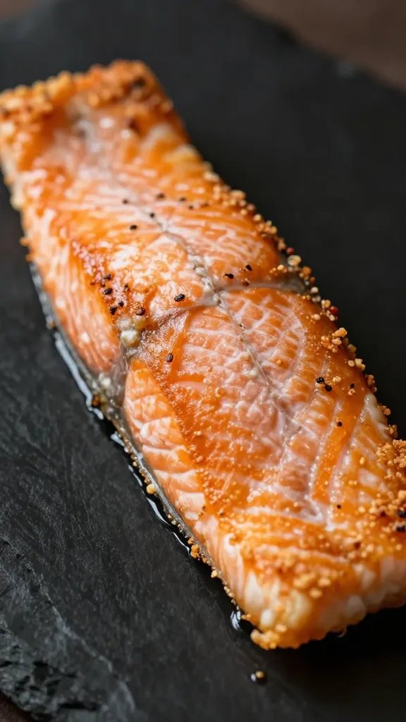 Side profile closeup of single air-fried salmon fillet