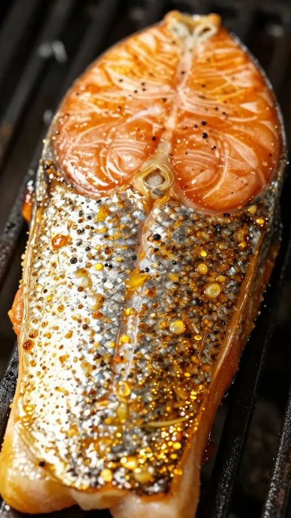 Closeup of golden crust on salmon skin under high heat