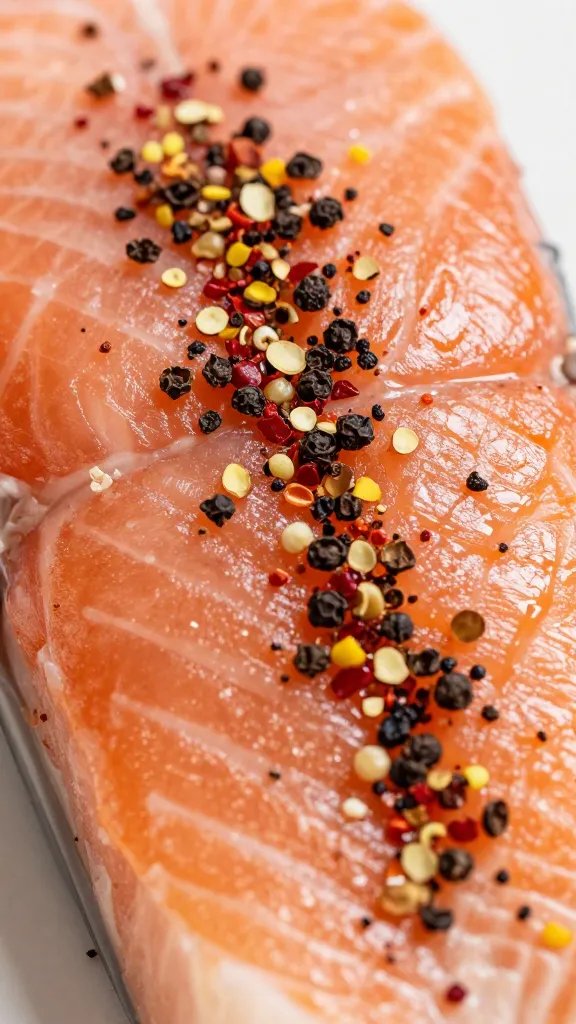 Closeup of jarred pepper flakes sprinkled on salmon surface