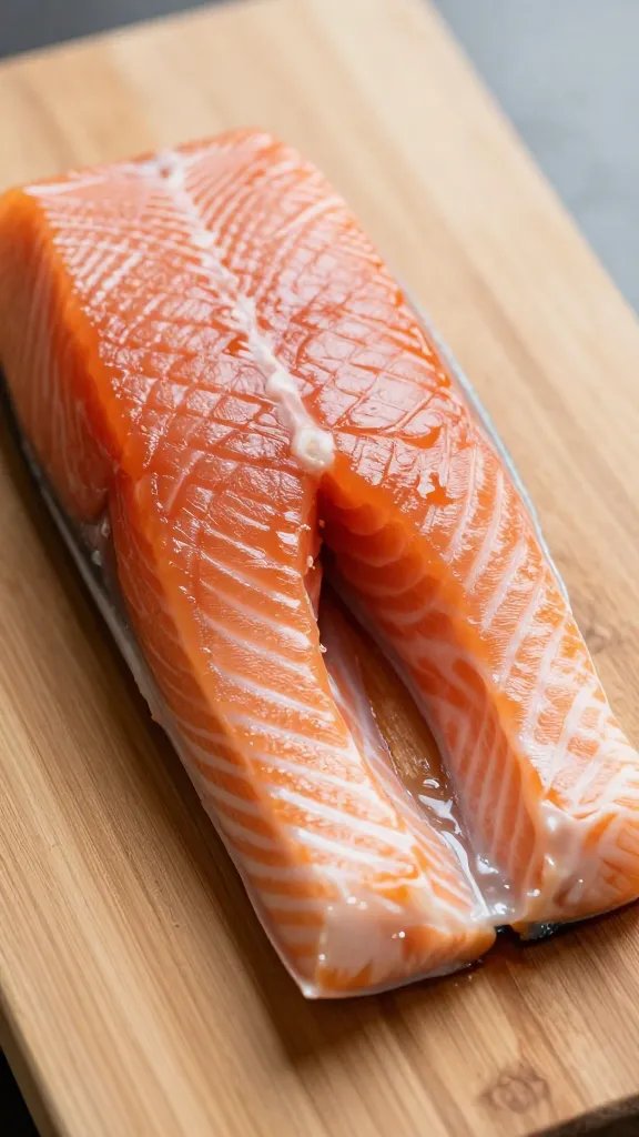 Closeup of salmon fillet resting on wooden board