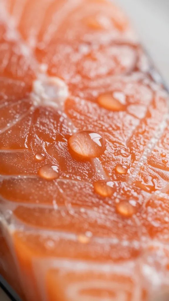 Closeup of delicate juice droplets on salmon meat
