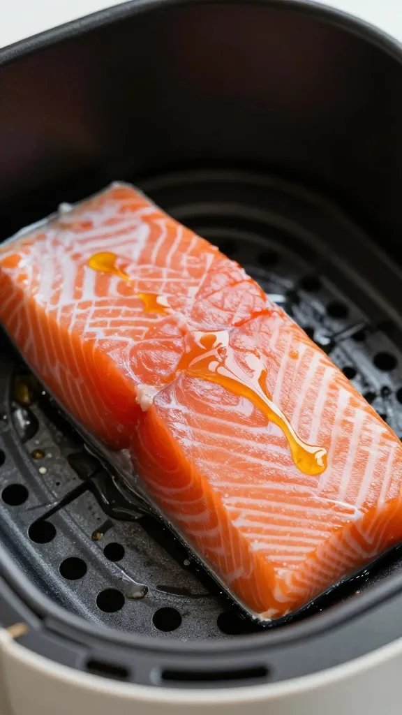 closeup of frozen salmon fillet with oil drizzle on air fryer tray