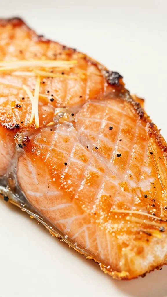 macro shot of crispy salmon skin on air-fried fillet