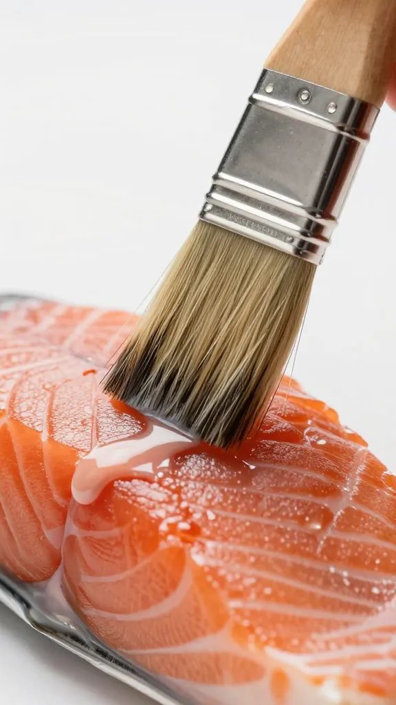 closeup of oil brush applying light coat to salmon