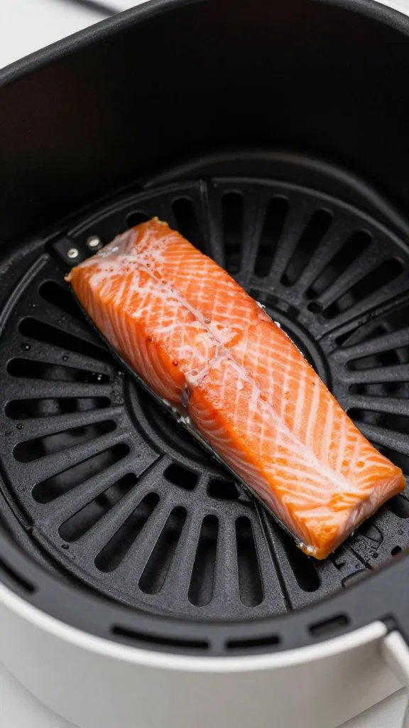 closeup of air fryer basket edge with salmon fillet centered
