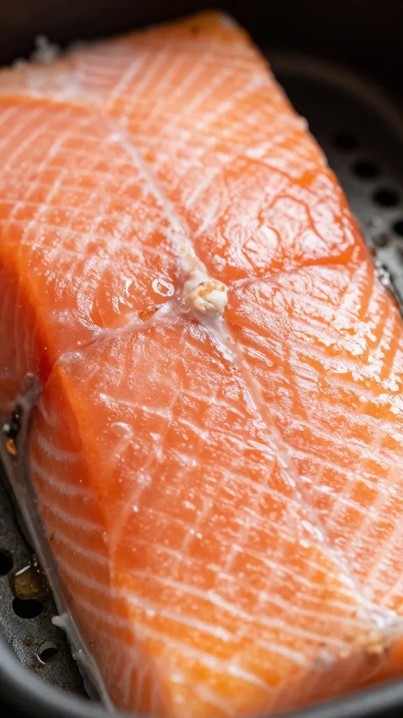 closeup of flaky salmon texture after air frying