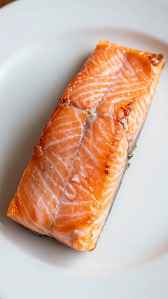 closeup of restaurant-style plated salmon fillet on white plate