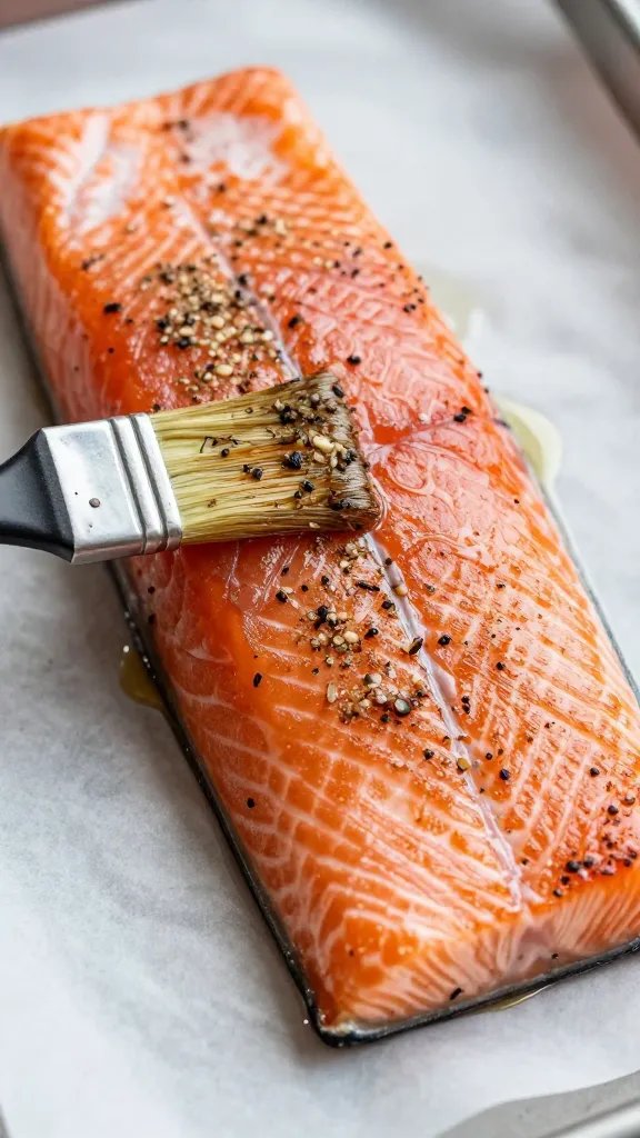 closeup of seasoned salmon fillet on parchment, oil brushing visible