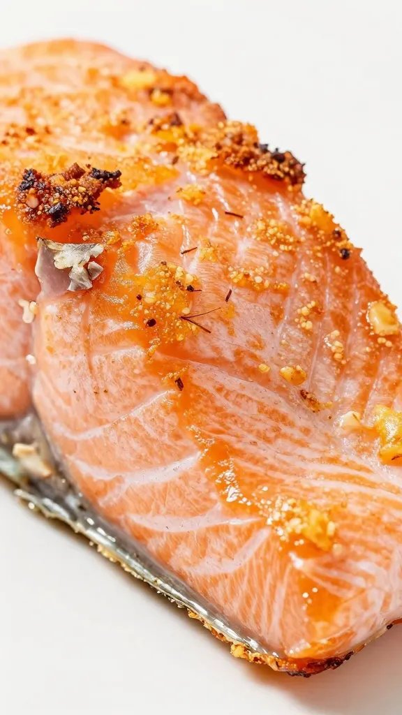 closeup of crispy salmon edge with flaky interior, angled lighting