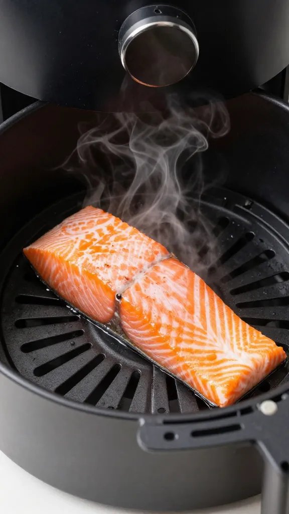 single air fryer basket with salmon fillet, steam highlights