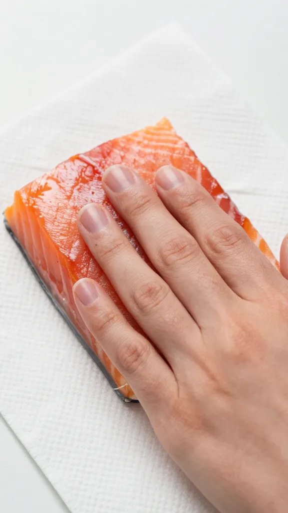 closeup of dry patting salmon with paper towel, micro texture