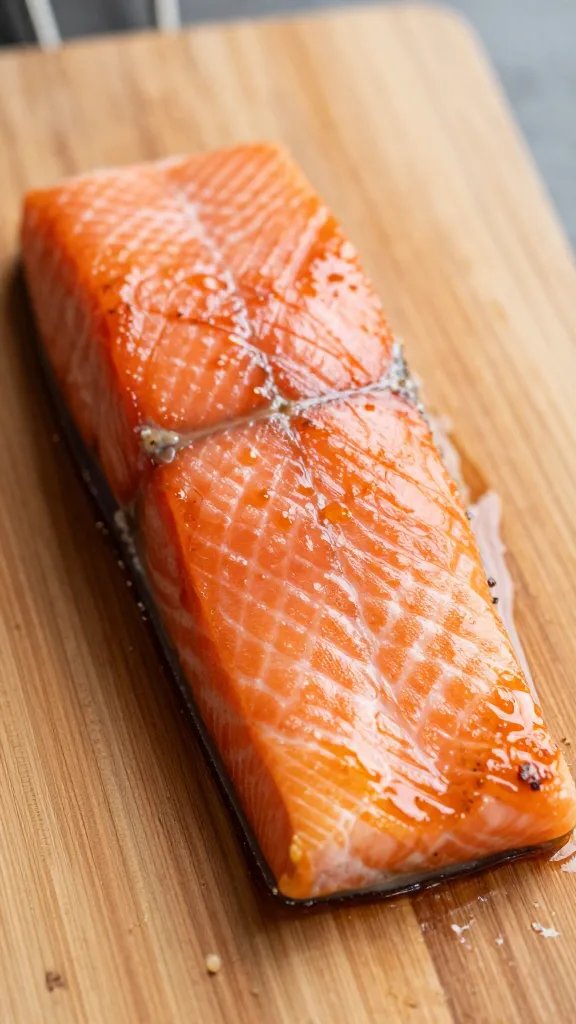 single marinated salmon fillet on wooden board, gloss of marinade