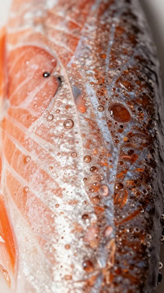 closeup of salmon skin crisp, tiny bubbles on surface