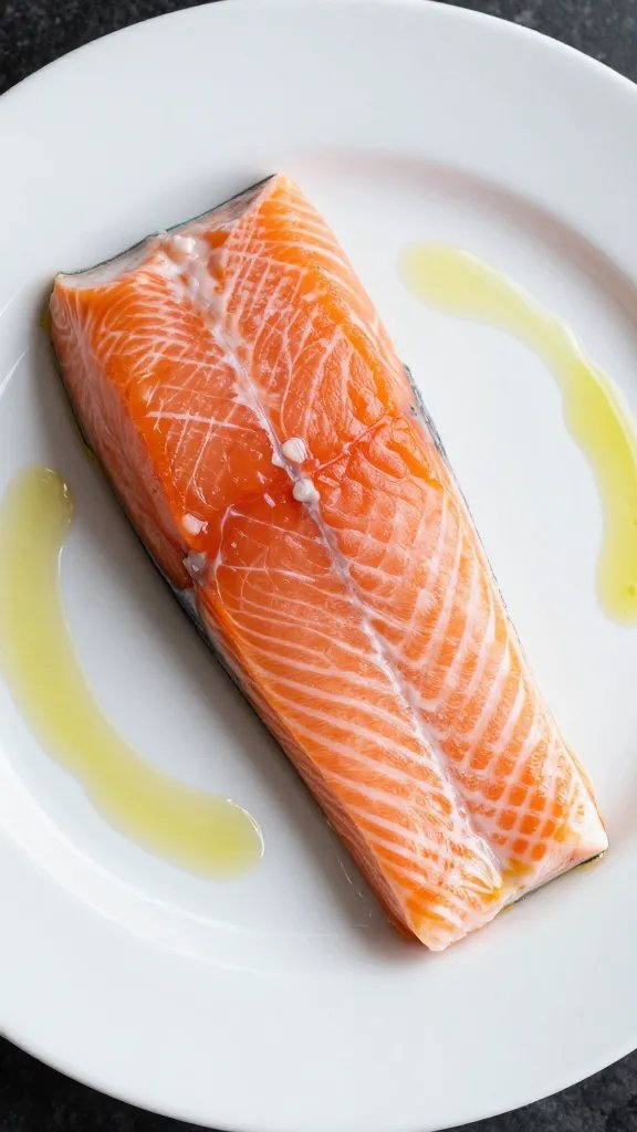 single salmon fillet on white plate, light olive oil brush stroke